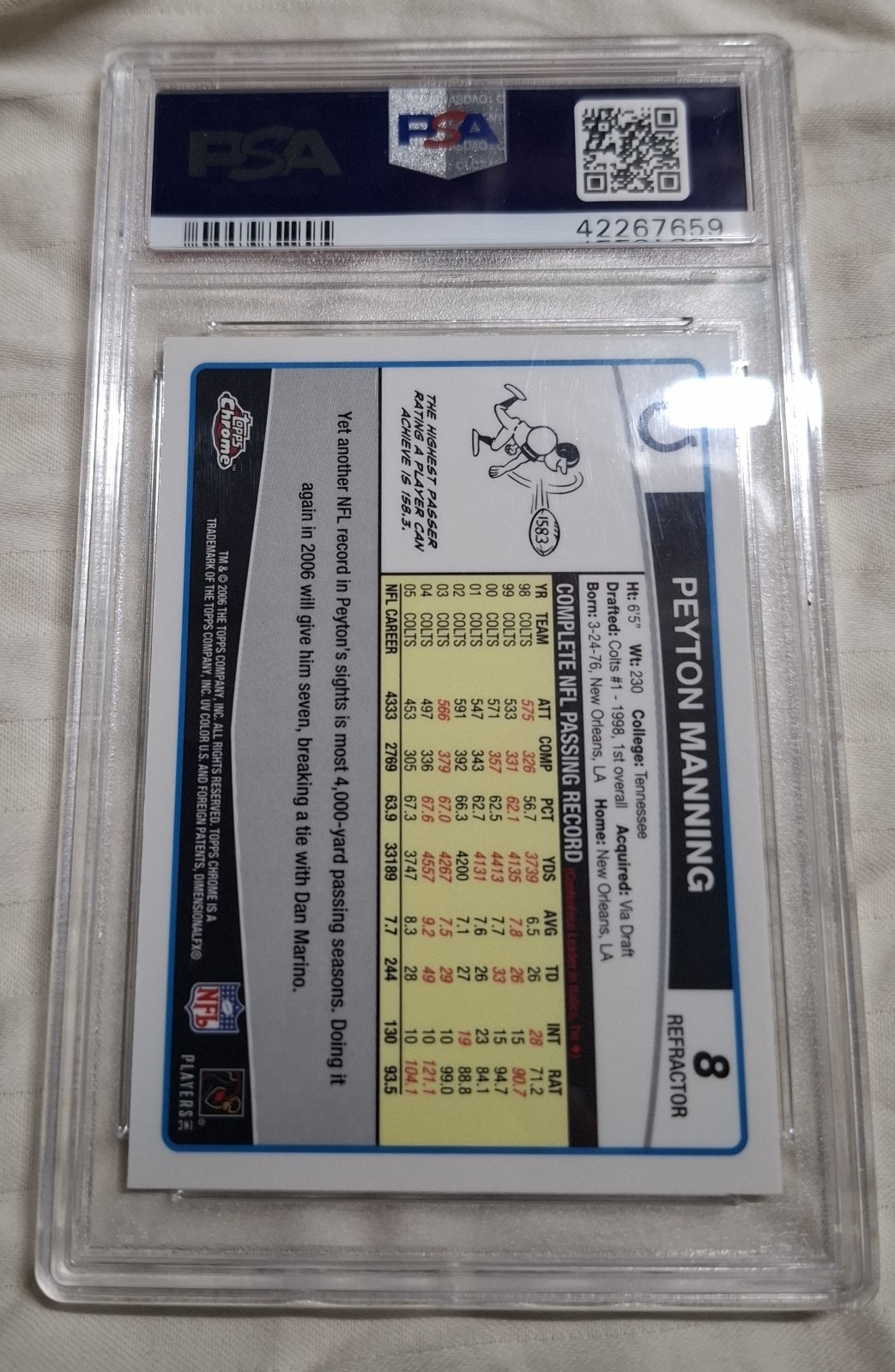 2006 Topps Chrome - PSA 10 Peyton Manning #8 Refractor view 7