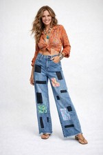 SOFT SURROUNDINGS wide leg jeans embellished 12 hippie boho raw hem high rise