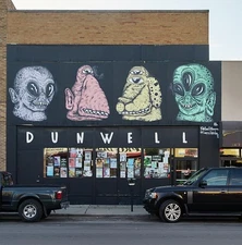 The unusual facade of the Dunwell Printing store, maker of T-shirts and more in