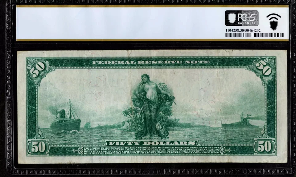 $50 1914 FRN Fr. 1034  PHILADELPHIA BLUE SEAL FIFTY Great Look Scarce PCGS VF 30 - Image 2 of 2