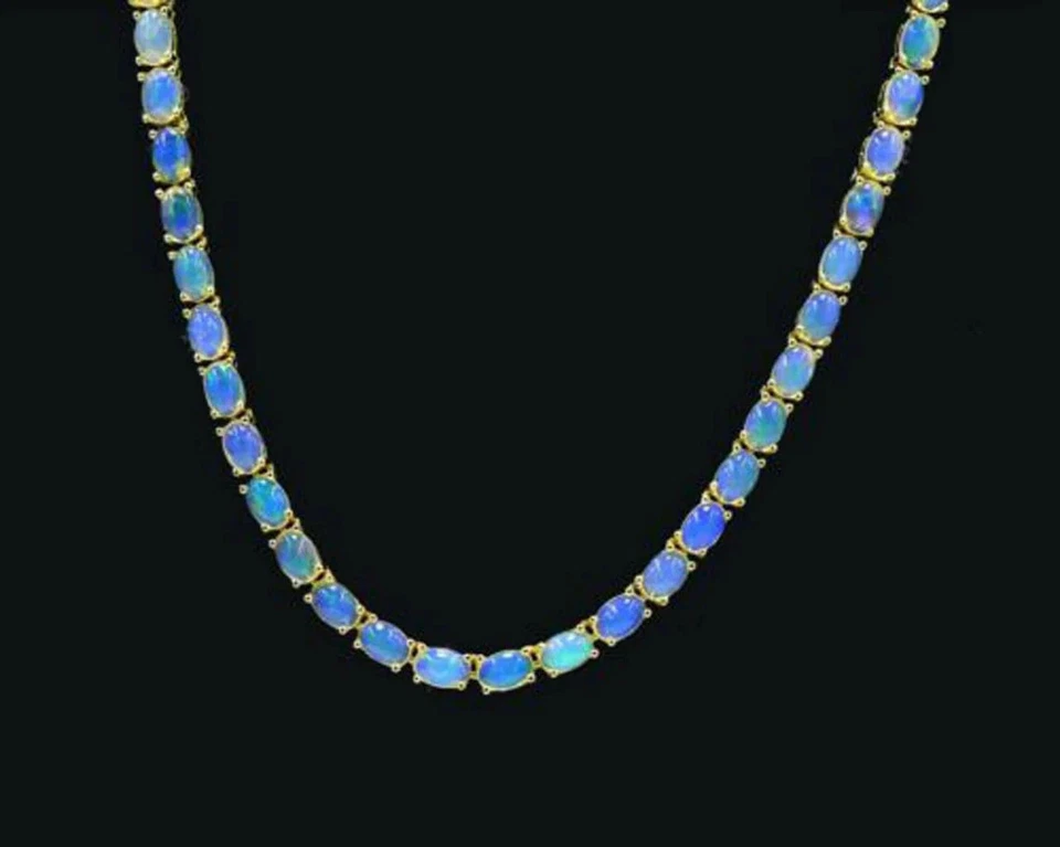 30Ct Lab-Created Ethiopian Fire Opal Tennis Necklace in 14K Yello Gold Over 925 - Image 2 of 4
