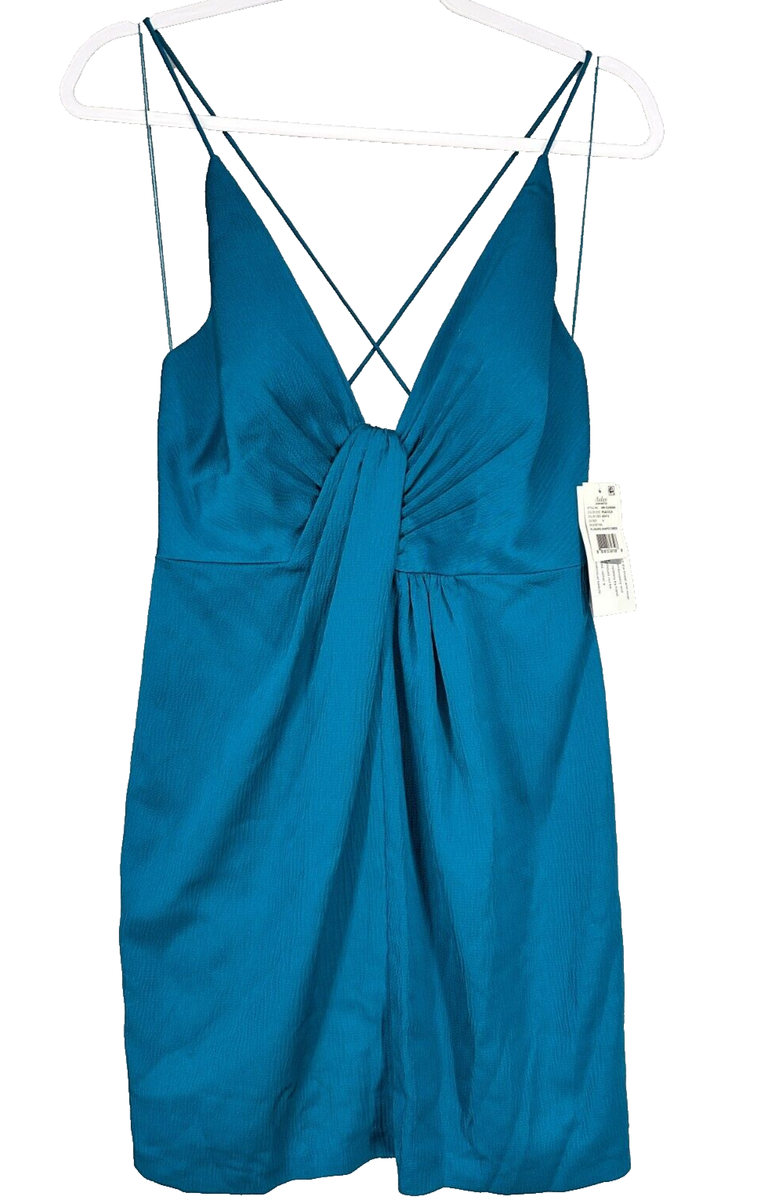 Aidan Mattox Cocktail Dress 4 Peacock Teal Draped Plunging Neck Texture NWT