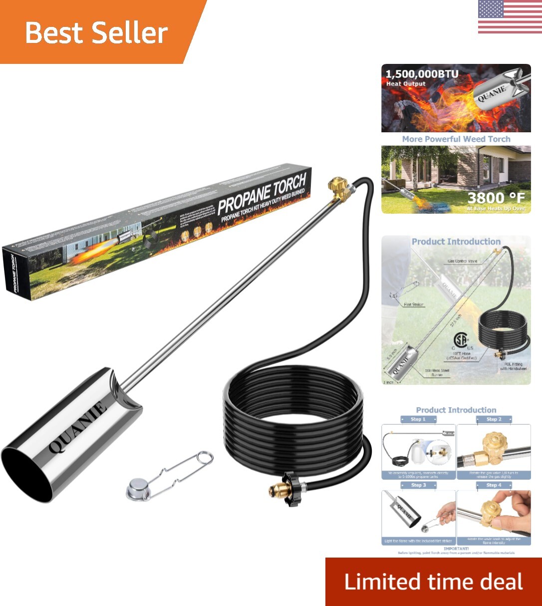 Large Nozzle Propane Flame Torch with 10FT Hose - Safe and Versatile Weed Burner
