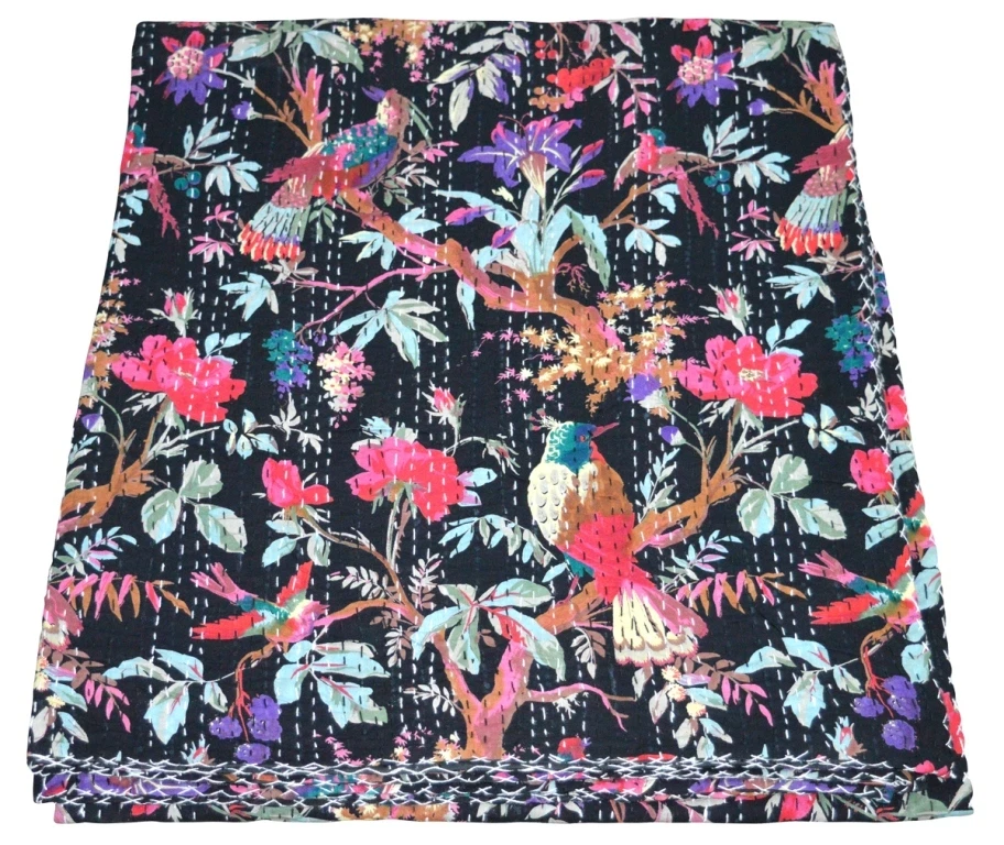 Manta de algodón Gudari hecha a mano india vintage Kantha edredón doble pájaro  Foto 3 de 4