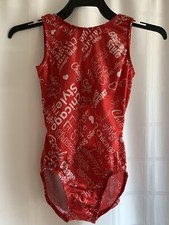 Motionwear gymnastics Leotard red White Chicago Style Open Back medium CM EUC