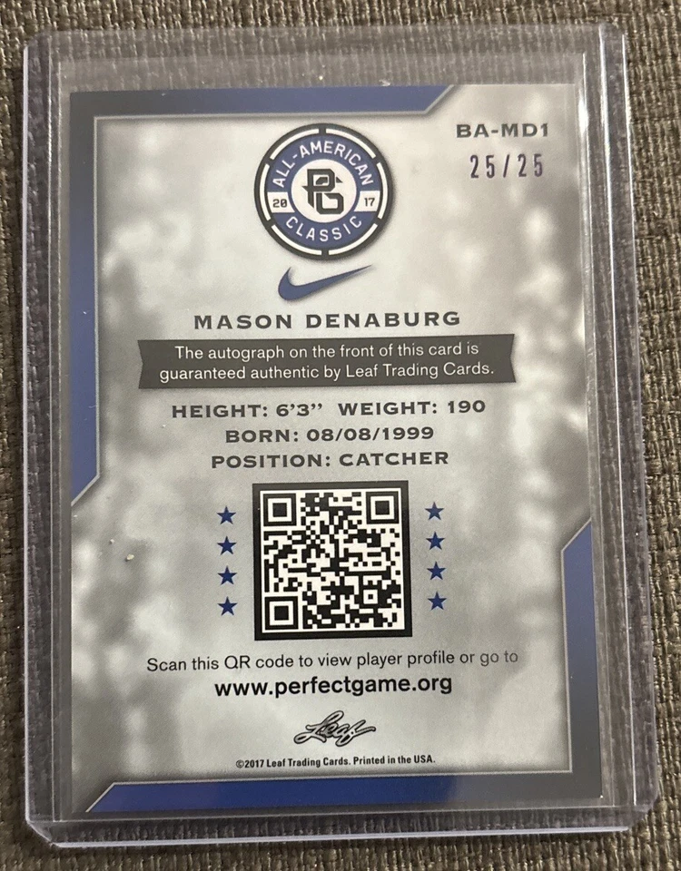 Mason Denaburg - 2017 Leaf Perfect Game Metal Purple #BA-MD1 Autograph /25    B5 - Image 2 of 2