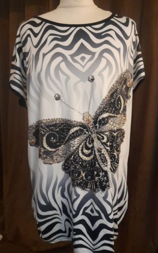 Ladies animal print  Butterfly sequin T-Shirt top shirt rhinestones size 16 - Afbeelding 1 van 5