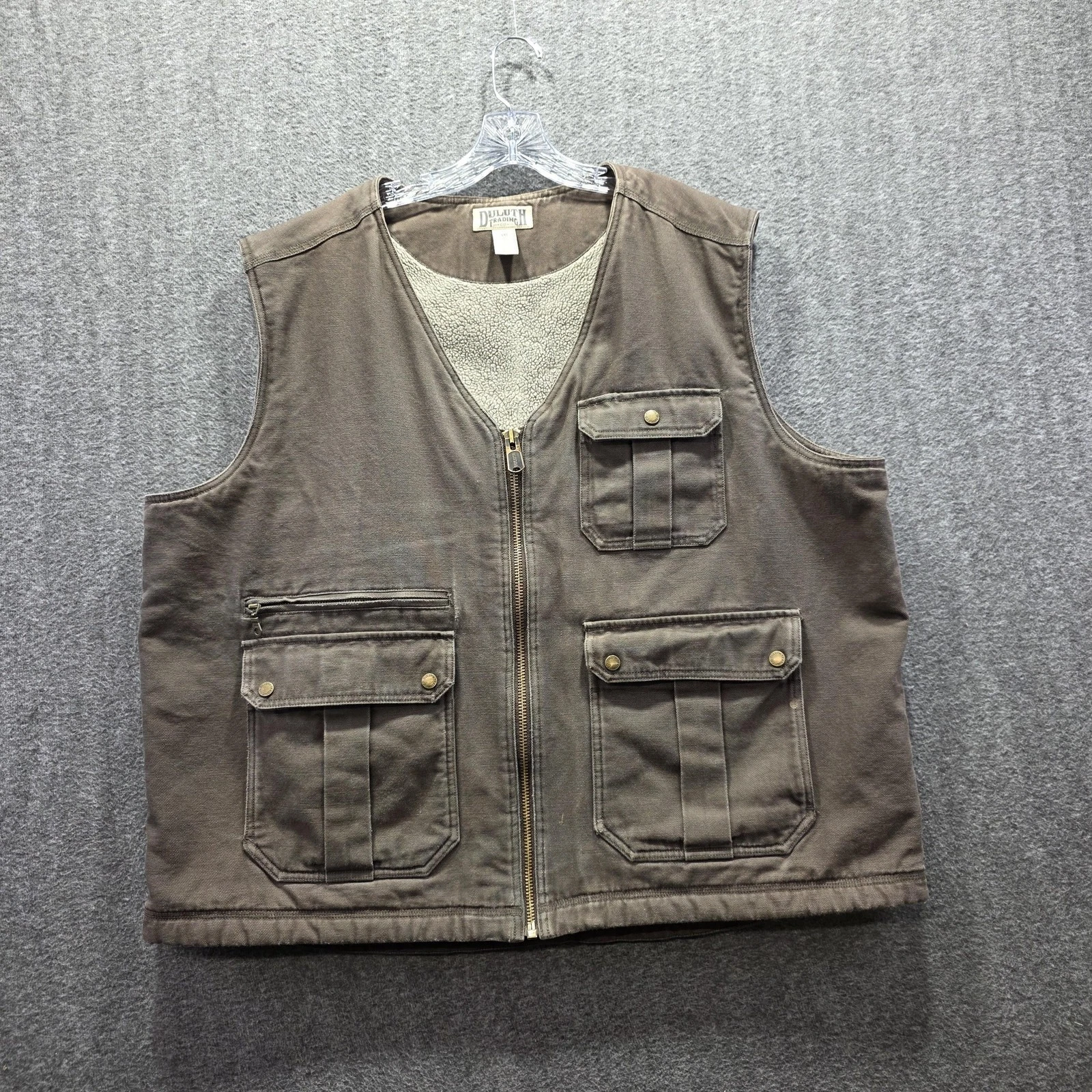 Duluth Trading Co Vest Mens 3XL Brown Canvas Sherpa Lined Work Utility
