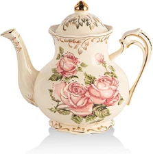 Cramic Rose Teapot Gift 25oz/ 2 Cup Vintage Ivory Tea Pot, Floral Teapot