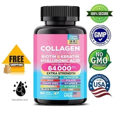 Collagen Pills Peptides Types I, II, III, V & X 64,000 MCG Biotin 90 Caps