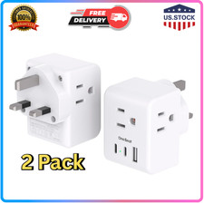 US to UK Plug Adapter Type G 3 Outlets 3 USB 2C 2Pack for England Ireland