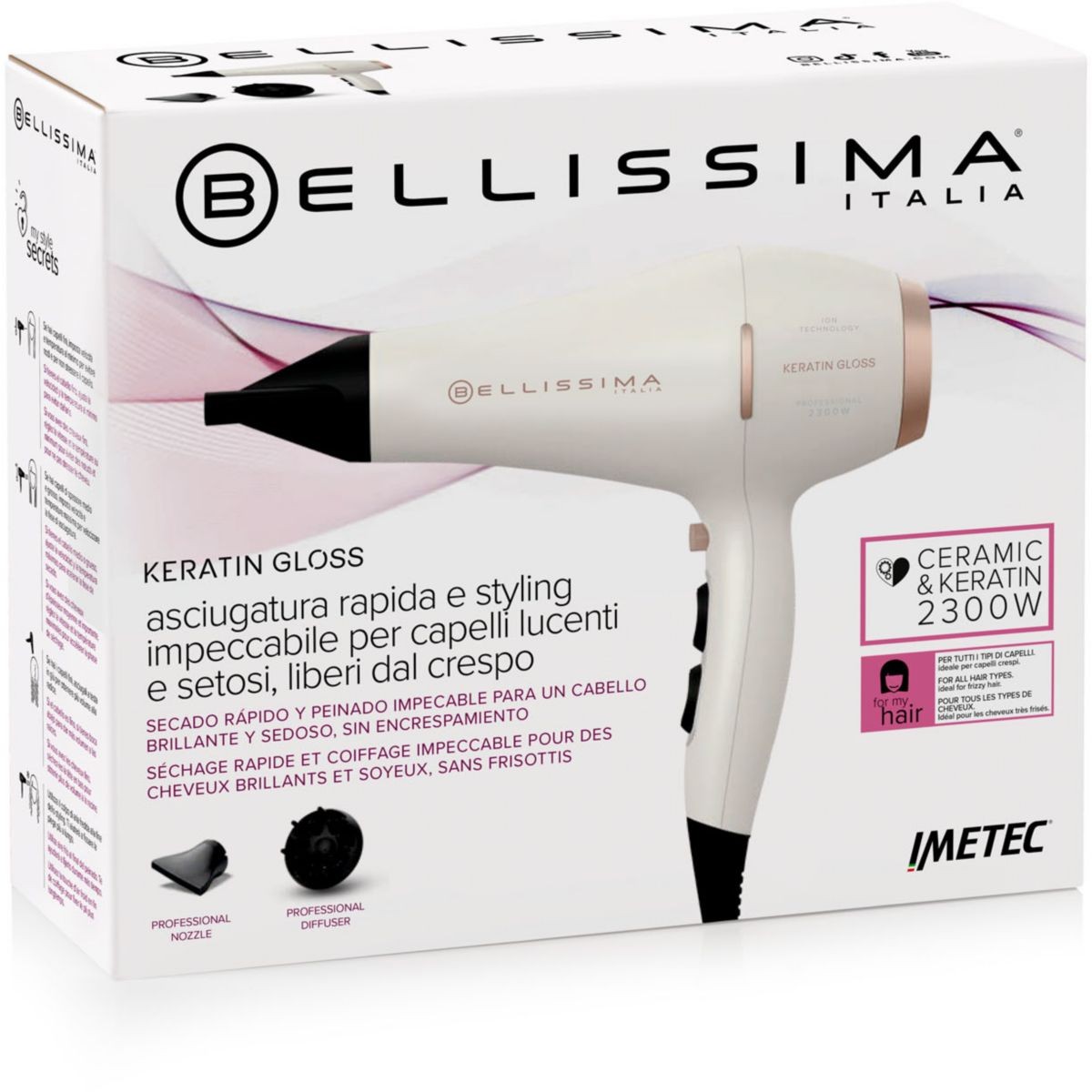 Sèche-cheveux professionnel BELLISSIMA Keratin Gloss compact avec diffuseur volume