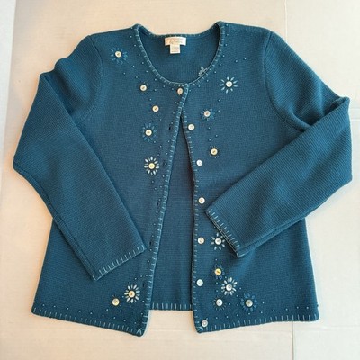 VTG Christopher & Banks Beaded Embroidered Teal Button Down Cardigan Sweater L