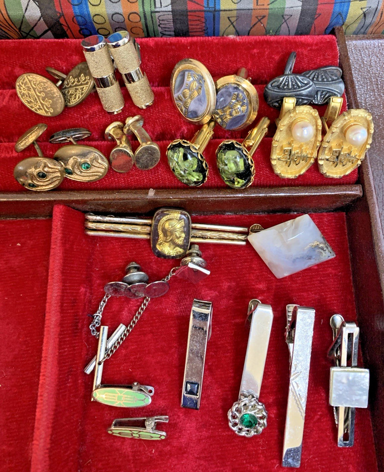 An 18-piece lot of mid-century cufflinks and tie clips from legendary menswear brands Hickok, Anson, and Shields — a curated vintage haul in one shot.