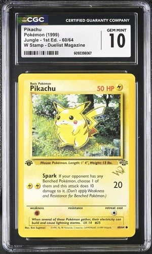 CGC 10 GEM MINT Pikachu 1999 Jungle 1st Edition 60/64 W Stamp Pokemon Card