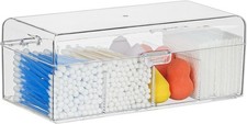 Clear Acrylic Qtip Holder Dispenser W/ Lid 4-Compartment Cotton Ball Holder
