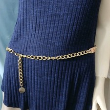 Vintage Gold Tone Curb Chain Belt 40" Lobster Clasp Medallion Drop
