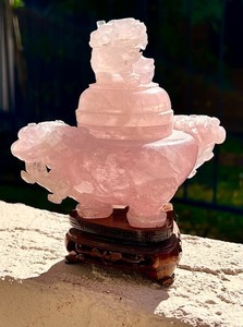 Chinese carving, carved rose quartz urn with stand. Pre WWII