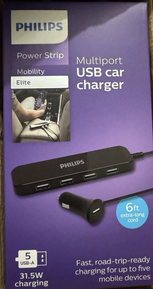 Carregador de carro USB multiporta Philips Power Strip novo em folha (DLK5506/37) - Imagem 2 de 2