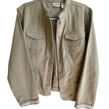 Chico  s Woman  s Blazer Jacket Sz 2 Taupe/Khaki Beaded Collar  Cuffs Classic