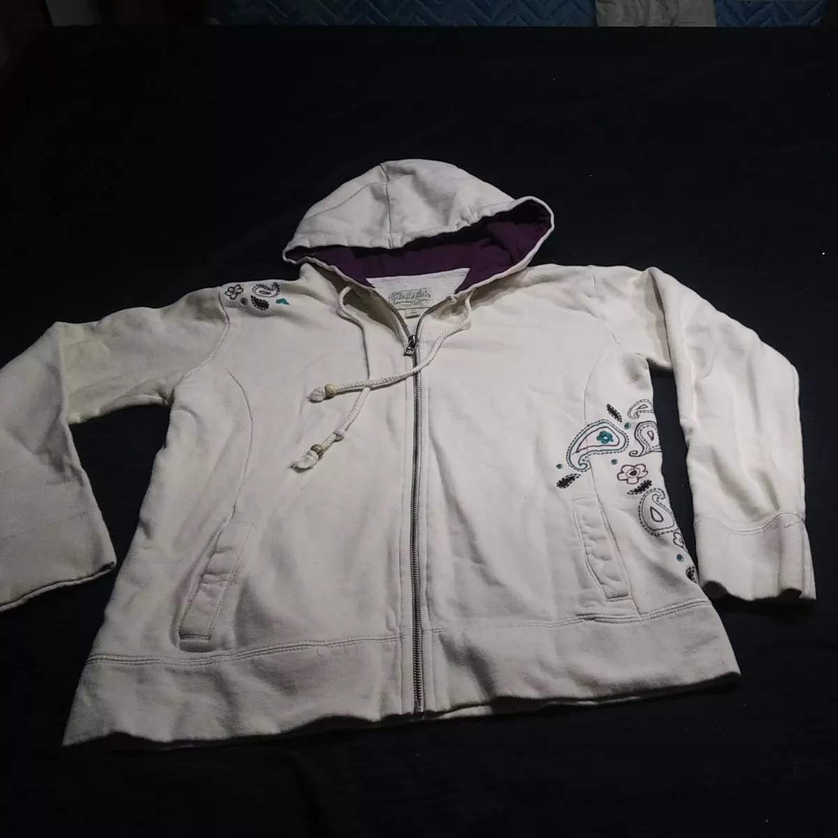 CABELLAS Womens Size M off white outer Purple interior Designer Hoodie