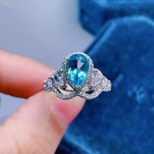 2Ct Pear Cut Lab Created Blue Topaz Halo Wedding Ring 14K White Gold Plated