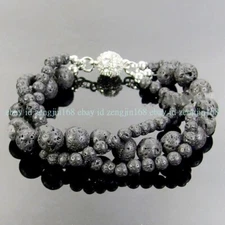3 Rows Natural 4mm 8mm Black Lava Gemstone Round Beaded Bracelets 7.5''