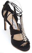 JIMMY CHOO Black Satin Sandal Crystal KENNY 100 Leather T-Strap 37.5 1295