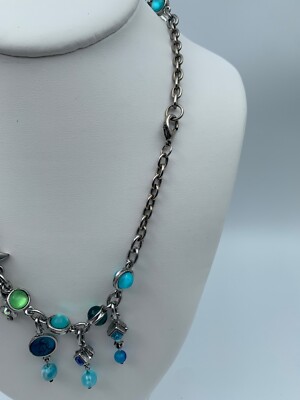 Collier Fantaisie Breloques Perles Bleues, Vertes, Oxydes Roses - 109g - Style Bohème
