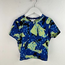 Monki T shirt Kids 2XS Blue Green Cotton Stretch Abstract Short Sleeve Crew Neck