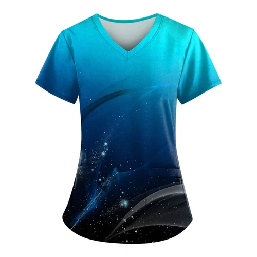 Plus Size Print Working Uniform Tops Women V-Neck Short Sleeve Workwear Pockets - Picture 20 of 69