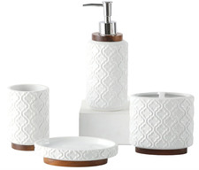 Bathroom Accessories Set 4 Pcs Ceramic Wood, White, Toothbrush Soap