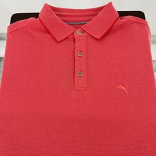Tommy Bahama Polo Shirt Men's M Coral Micro Check Modal Blend Short Sleeve Golf