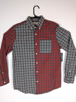St. Johns Bay Mens S/M Red Black Tartan Mashup Long Sleeve Button-Down NEW NWT