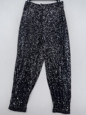 Zara Black Sequin Trousers Elastic Waist Tapered Size Medium Ref 2731 312