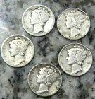 Lot Of 5 90% Silver Mercury Dimes.  Mixed Dates and mint marks!