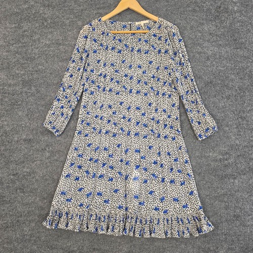 Maje Dress 42 Rockya Pleated Floral Printed Mini Blue Ruffle Hem Chiffon Luxury