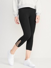 Old Navy Women  s High-Waisted Lattice-Hem Crop Leggings Black Size Medium