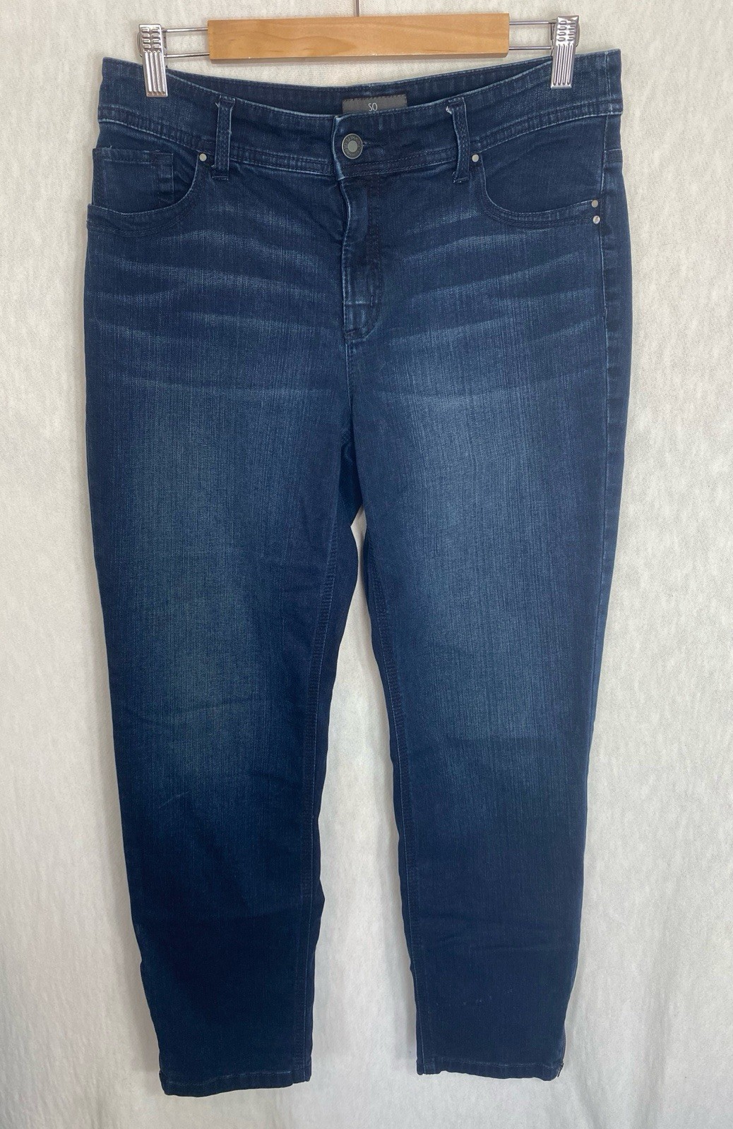 Chicos So Slimming Rhinestone Women's Dark Blue Faded Zipper Ankle Jeans Size 1