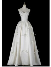 A Line Wedding Dresses Bow Tiered Tulle Lace Up Bride Anke length Bridal Gown