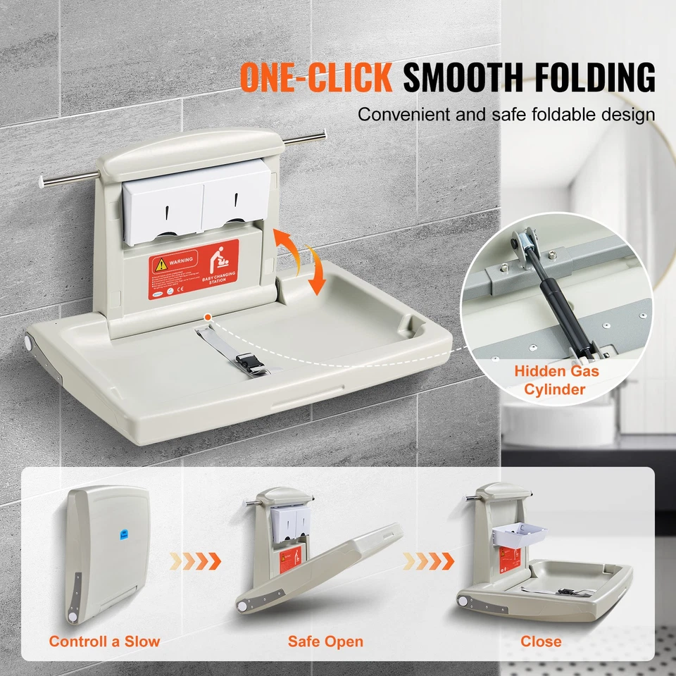 Cambiador de pañales plegable horizontal para bebés montado en la pared VEVOR Foto 3 de 4