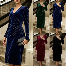 Lady Velvet Wrap V-Neck Ruched Long Sleeve Party Dress Evening Zip Dresses SIZE