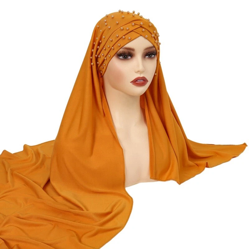 Femmes Hijab Châle Écharpe Perlé Musulmane Turban Chapeau Couleur Unie Cravate L - Photo 1/4