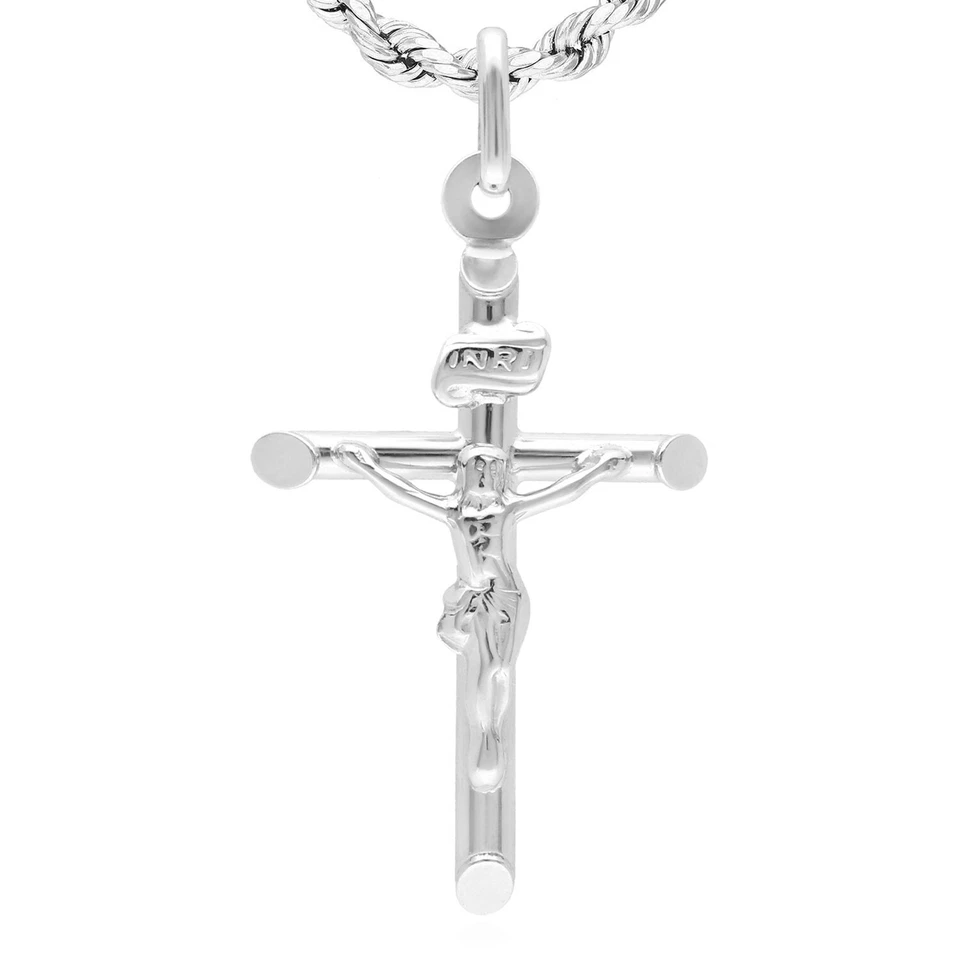 Colgante religioso cruz crucifijo oro blanco 14K INRI Foto 3 de 4