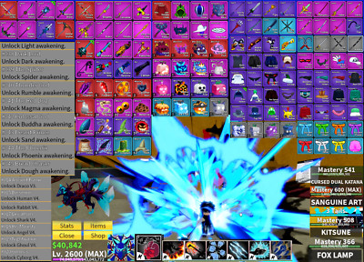 Blox Fruit LV2600 All 6 Race V4+DracoV3 Sanguine+Kitsune Full Of swords & Fruits