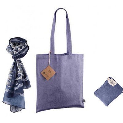 Bolso De Tela Mujer De Algodón De Asas Para Hombro Más Monedero Y Foulard Azul.