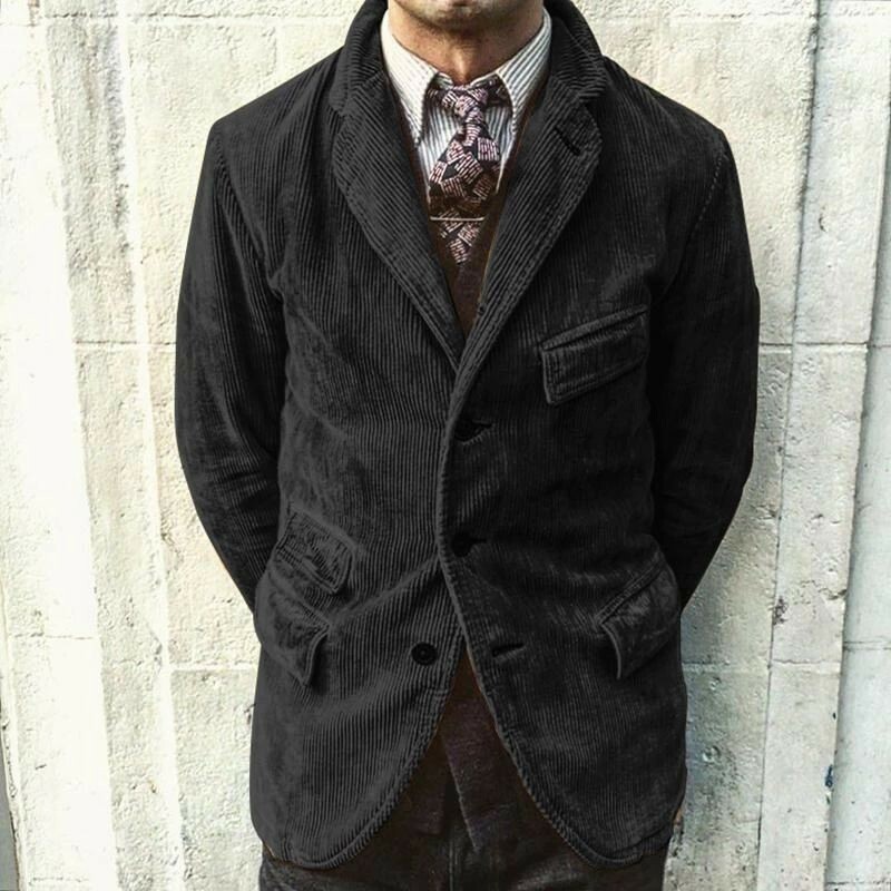 Black Men's Corduroy Suits Jacket Hunting Casual Three Button Suit