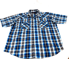 Plains Western Wear Mens Sz Large Blue Plaid Pearl Snaps Shirt Short Sleeves