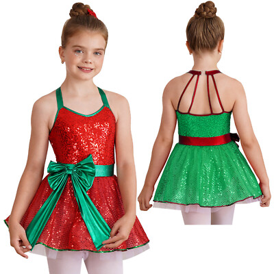 Kids Girls Ballet Leotard Sequins Tutu Dress Strappy Back Dance Dress Halloween