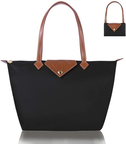Women Tote Bag,Stylish Waterproof Nylon Ladies Shoulder Bag,Folding (Black)